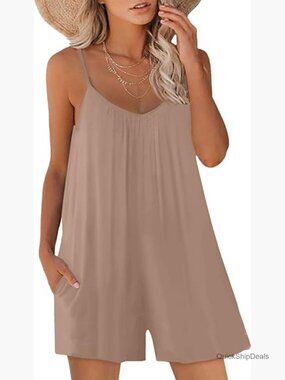 Sleeveless Romper with Pockets Adjustable Spaghetti Strap Loose Fit Jumpsuit